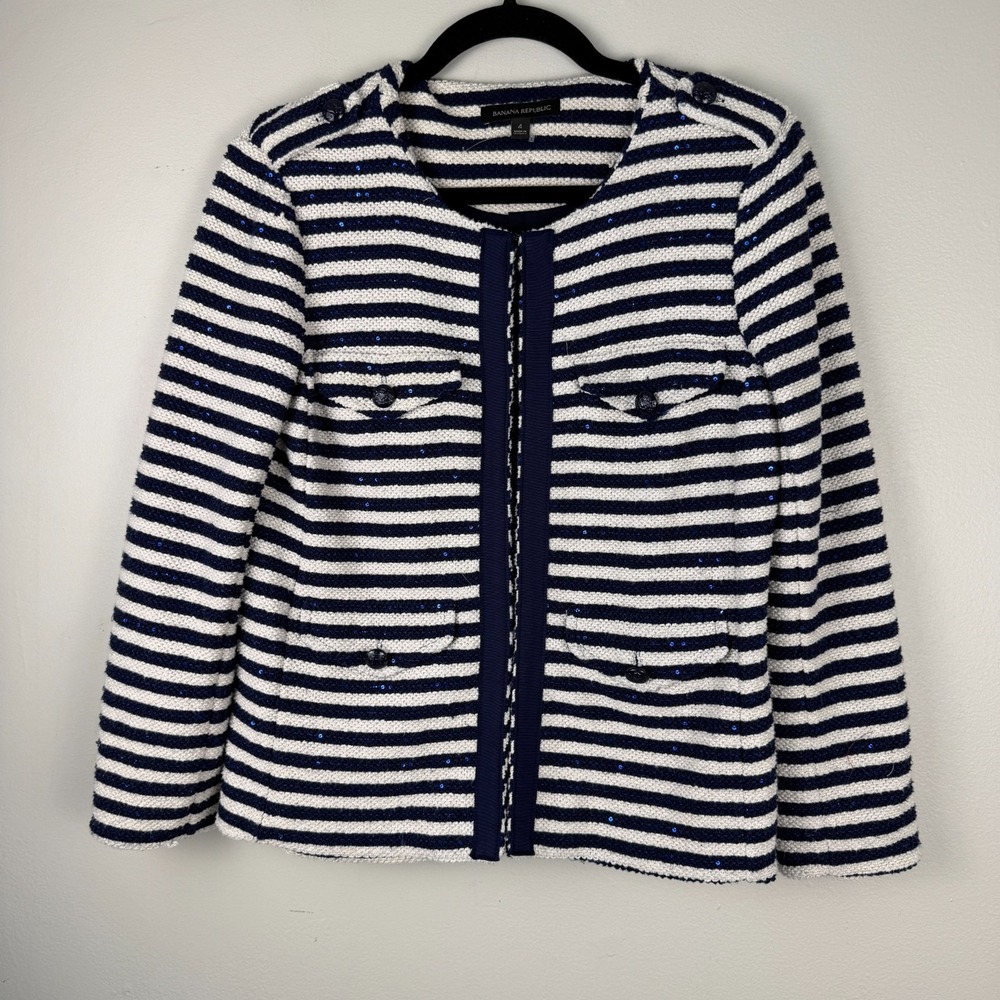 Banana Republic Blazer‎ Jacket Women's 4 Blue Striped Sequins Crew Neck Career